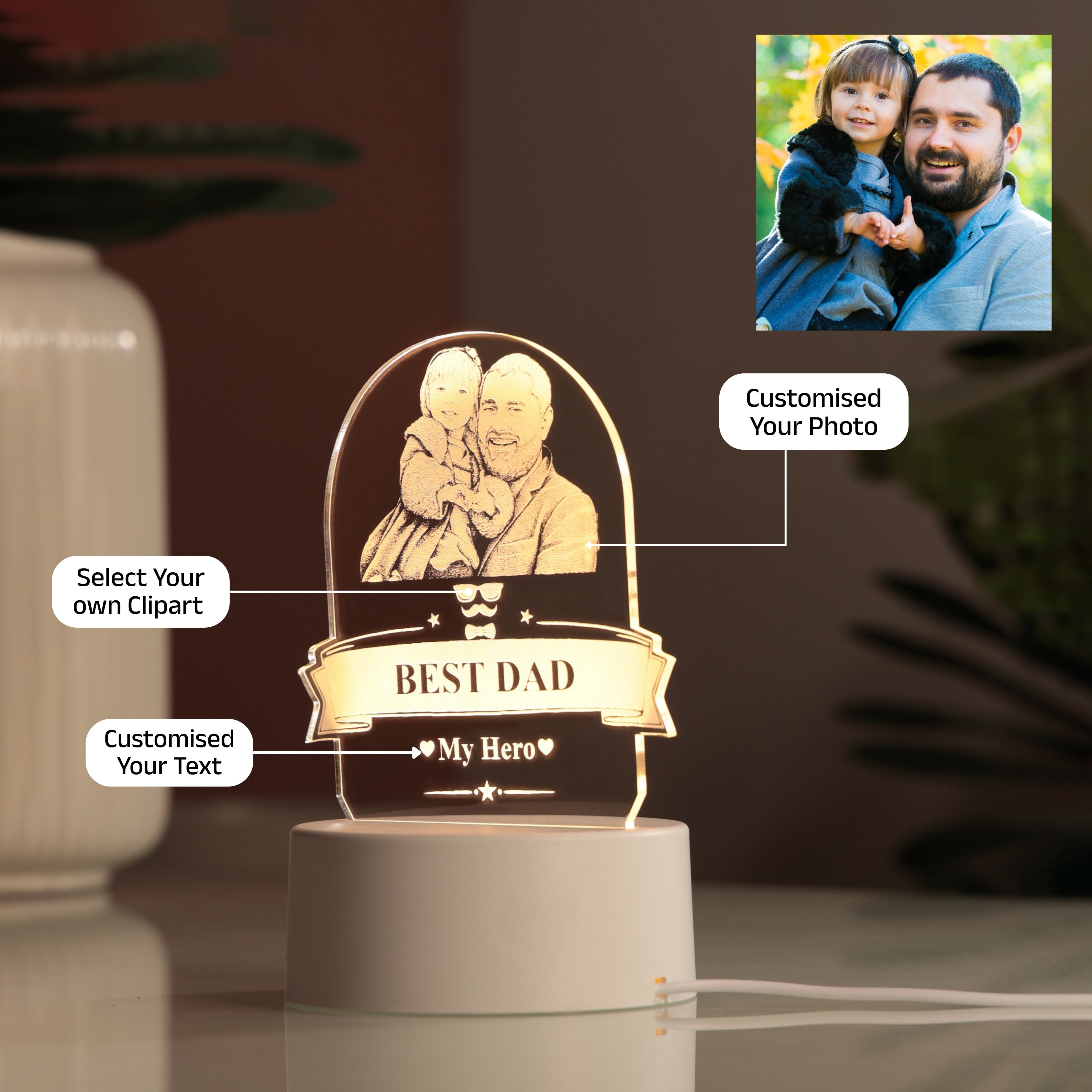 AICA Best Dad – Personalized Photo LED Lamp with Customised Message | Anniversary Birthday Marriage Gift for Dad Father Daddy Father in law | Fathers Day Gift