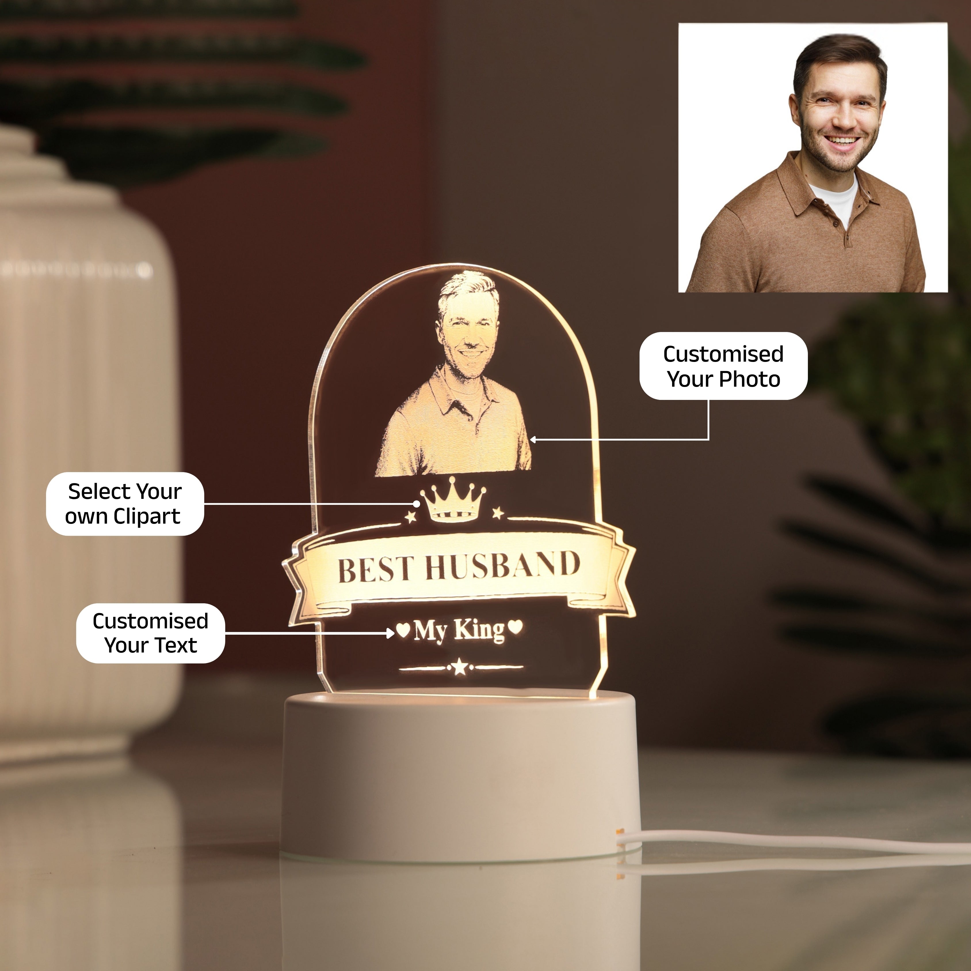 AICA Best Husband – Personalized Photo LED Lamp with Customised Message | Anniversary Birthday Marriage Gifts for Husband