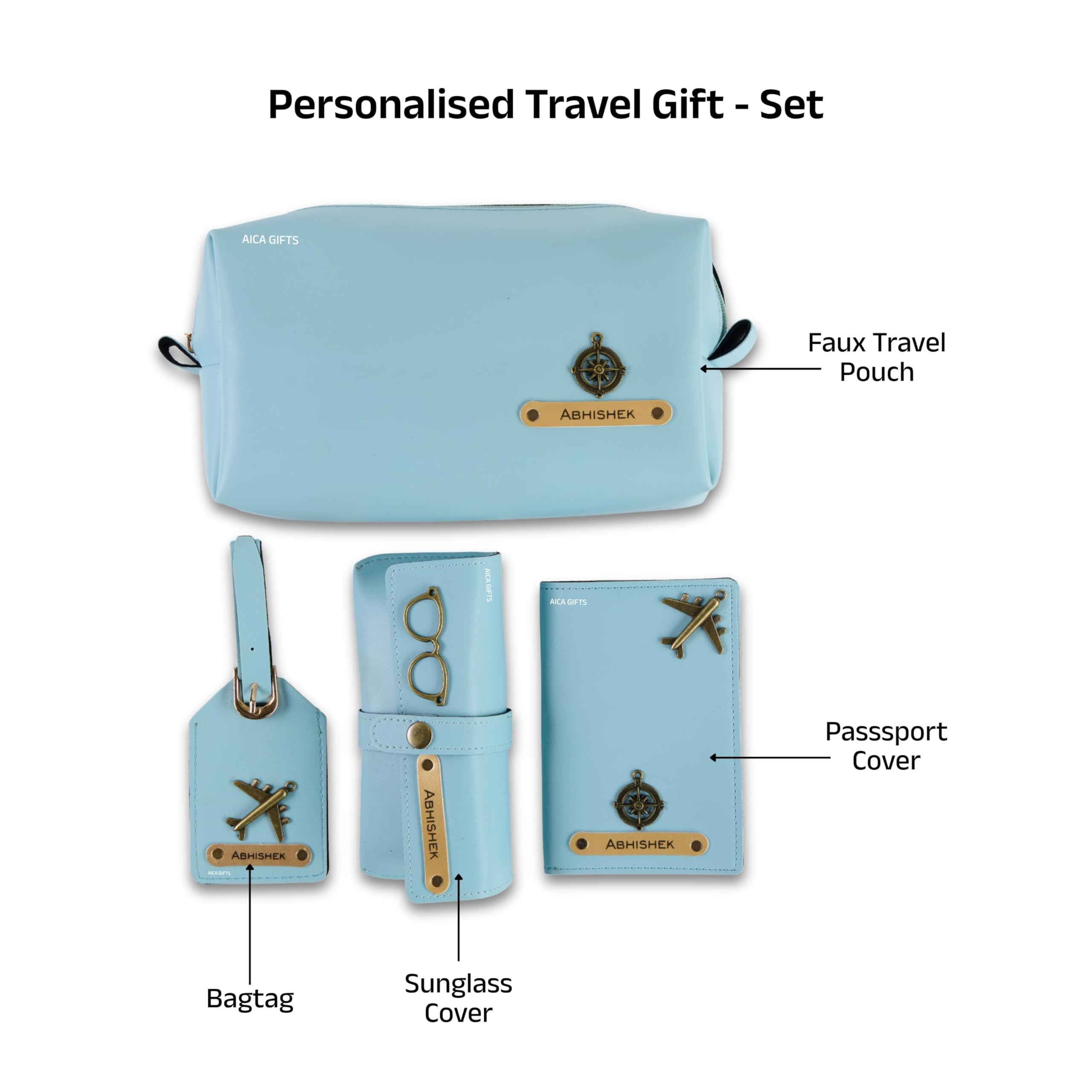 AICA Personalized Name & Charm Leather Travel 4pcs Gift Set Combo for Men & Women | Customized Travel Accessories Hamper | Gifts for Family and Friends | Gift for Girls & Boys (Babyblue)