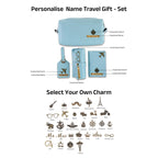 AICA Personalized Name & Charm Leather Travel 4pcs Gift Set Combo for Men & Women | Customized Travel Accessories Hamper | Gifts for Family and Friends | Gift for Girls & Boys (Babyblue)