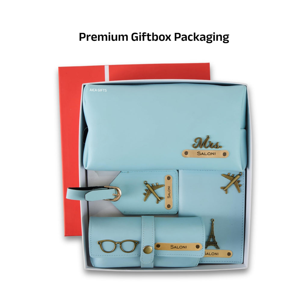 AICA Personalized Name & Charm Leather Travel 4pcs Gift Set Combo for Men & Women | Customized Travel Accessories Hamper | Gifts for Family and Friends | Gift for Girls & Boys (Babyblue)