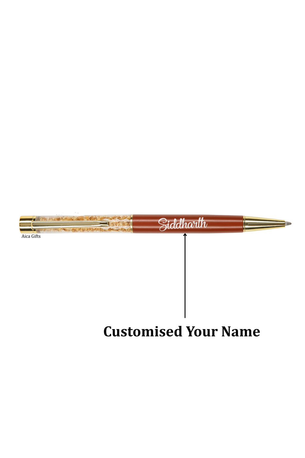 AICA Gifts Personalized Pens with Name Engraved I Golden Glitter Roller Ball Pen ( Tan Brown )
