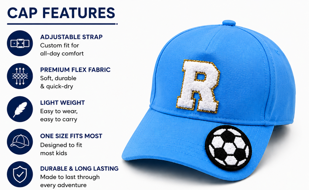 AICA Personalized Kids Cap with Initial Letter & Patch | Adjustable Summer Hat for Boys & Girls | Custom Children Cap for Travel, School Trips, Picnic, Outdoor Activities, Casual Wear & Return Gifts
