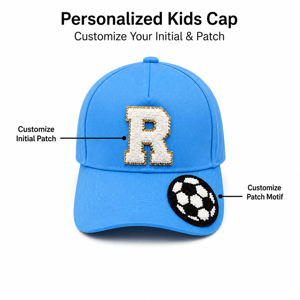 AICA Personalized Kids Cap with Initial Letter & Patch | Adjustable Summer Hat for Boys & Girls | Custom Children Cap for Travel, School Trips, Picnic, Outdoor Activities, Casual Wear & Return Gifts