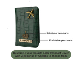 AICA Personalized Name & Charm Self –Textured Leather Passport Cover for Men & Women (DarkGreen)