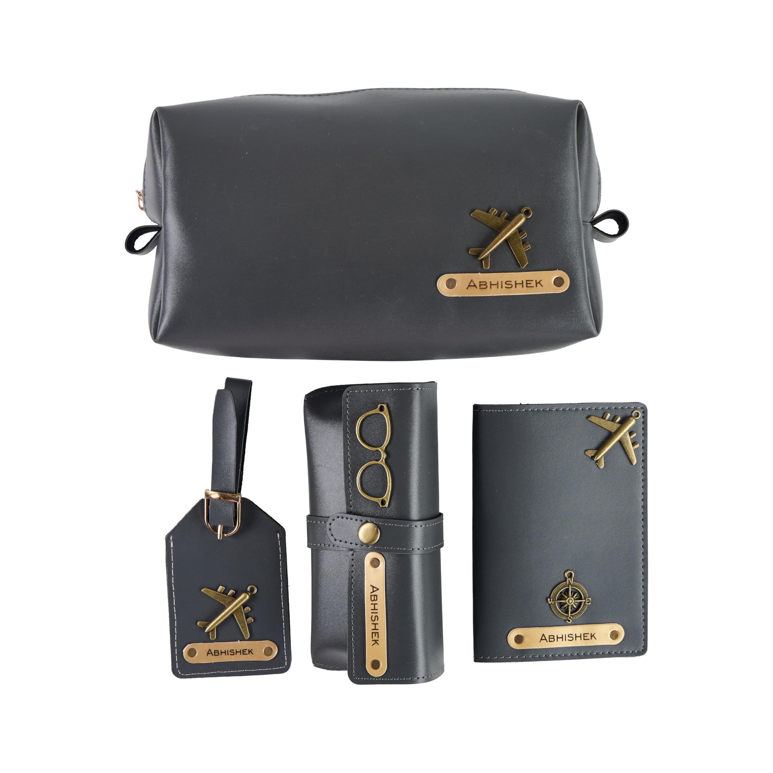 AICA Personalized Name & Charm Leather Travel 4pcs Gift Set Combo for Men & Women | Customized Travel Accessories Hamper | Gifts for Family and Friends | Gift for Girls & Boys (Grey)