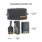 AICA Personalized Name & Charm Leather Travel 4pcs Gift Set Combo for Men & Women | Customized Travel Accessories Hamper | Gifts for Family and Friends | Gift for Girls & Boys (Grey)