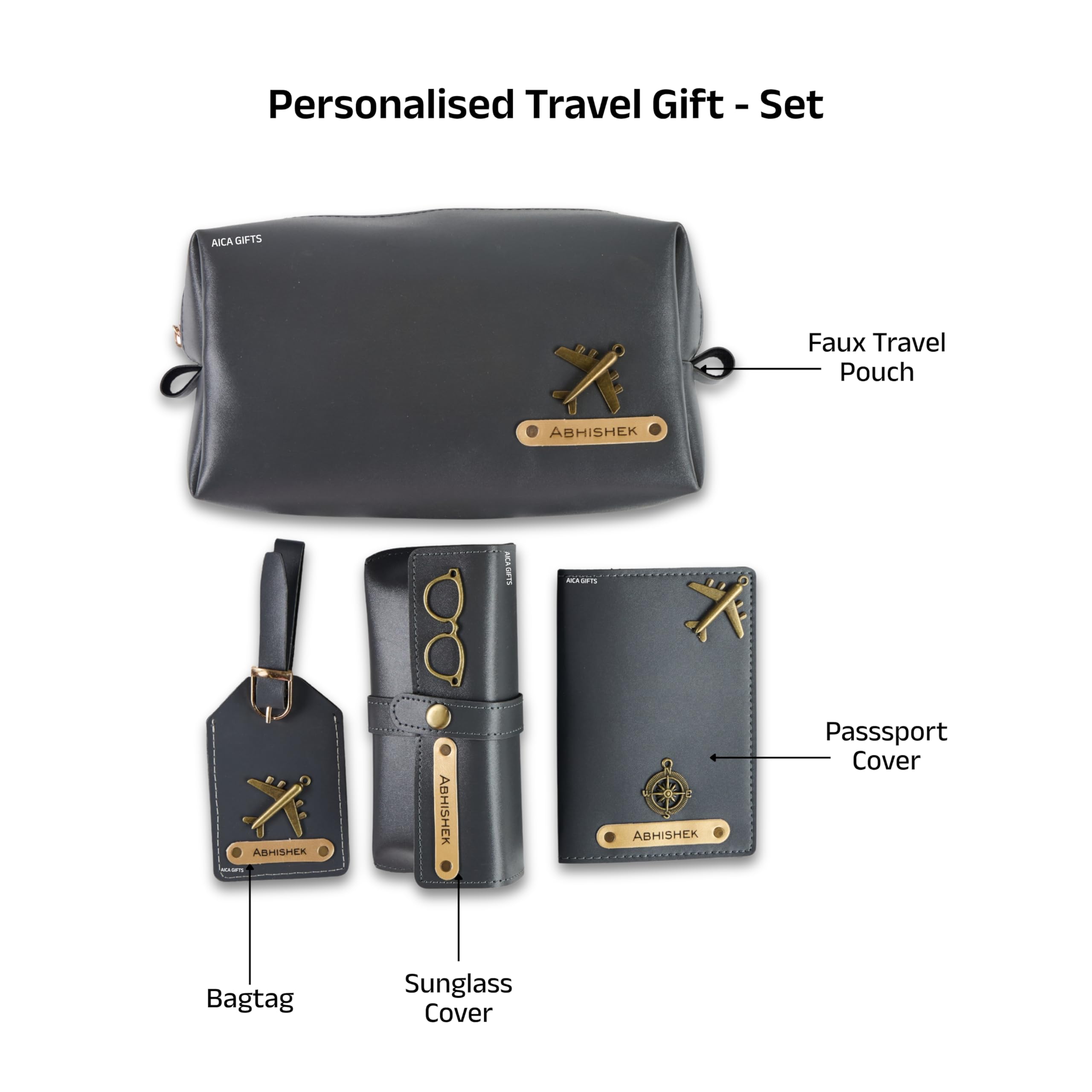 AICA Personalized Name & Charm Leather Travel 4pcs Gift Set Combo for Men & Women | Customized Travel Accessories Hamper | Gifts for Family and Friends | Gift for Girls & Boys (Grey)
