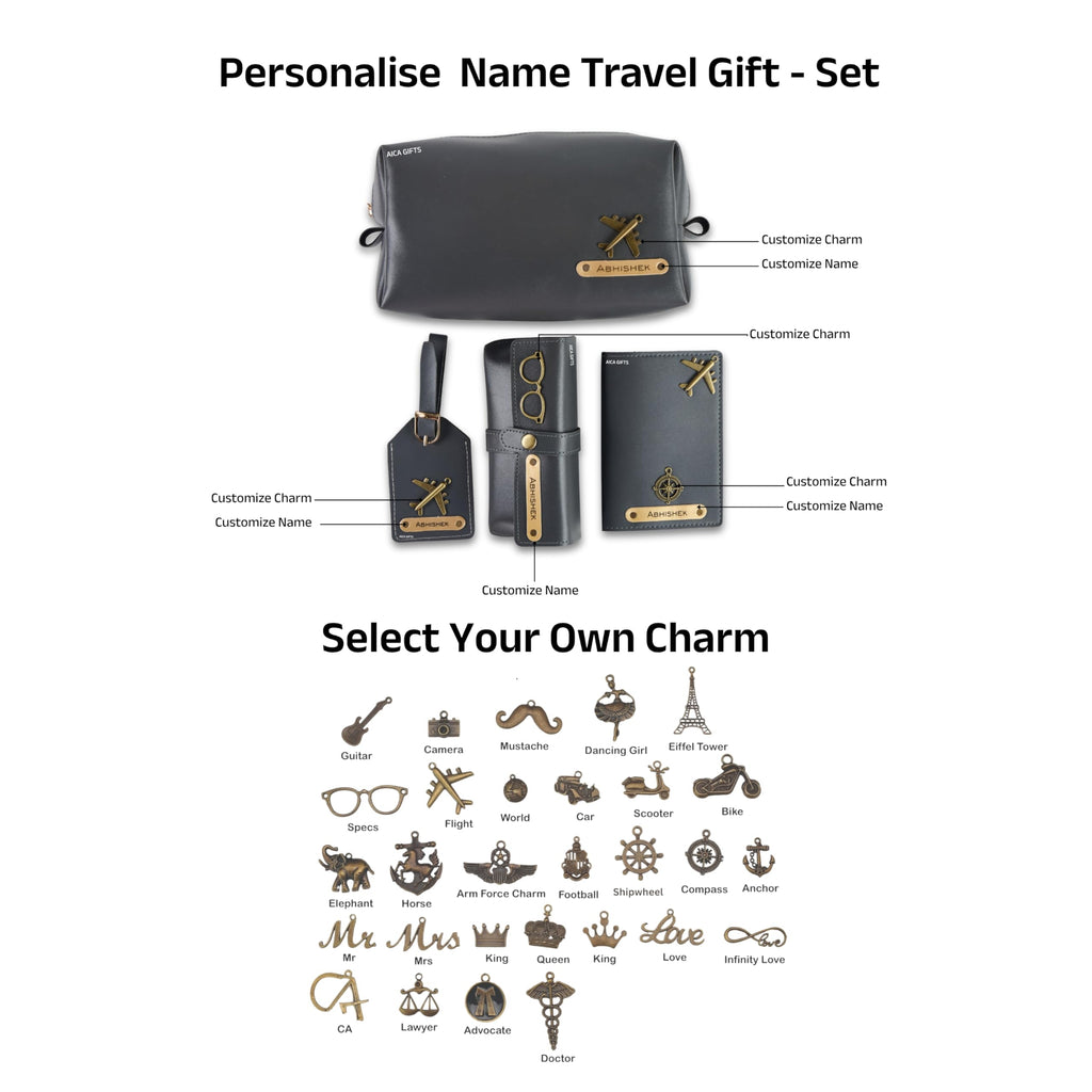 AICA Personalized Name & Charm Leather Travel 4pcs Gift Set Combo for Men & Women | Customized Travel Accessories Hamper | Gifts for Family and Friends | Gift for Girls & Boys (Grey)