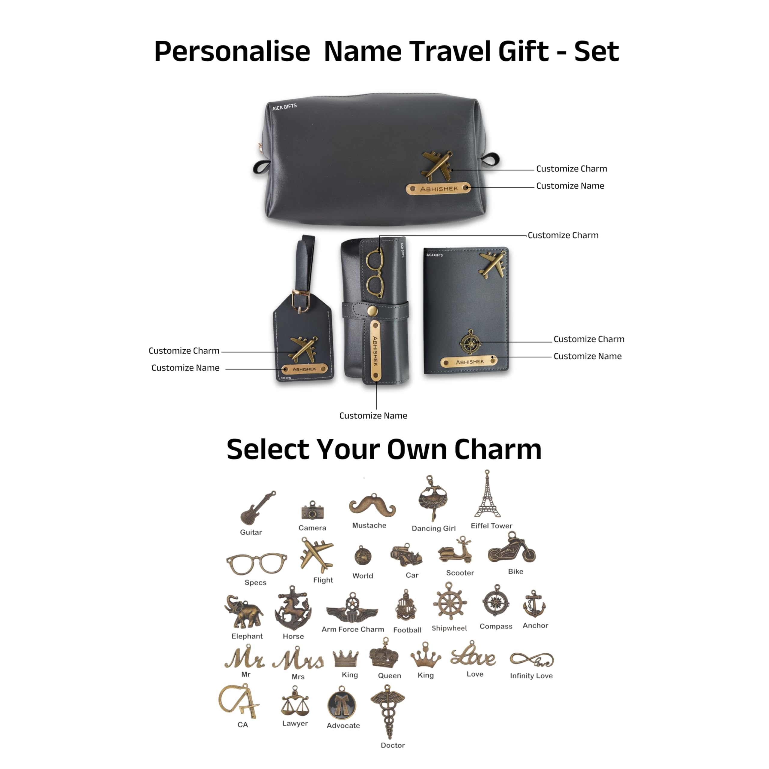 AICA Personalized Name & Charm Leather Travel 4pcs Gift Set Combo for Men & Women | Customized Travel Accessories Hamper | Gifts for Family and Friends | Gift for Girls & Boys (Grey)