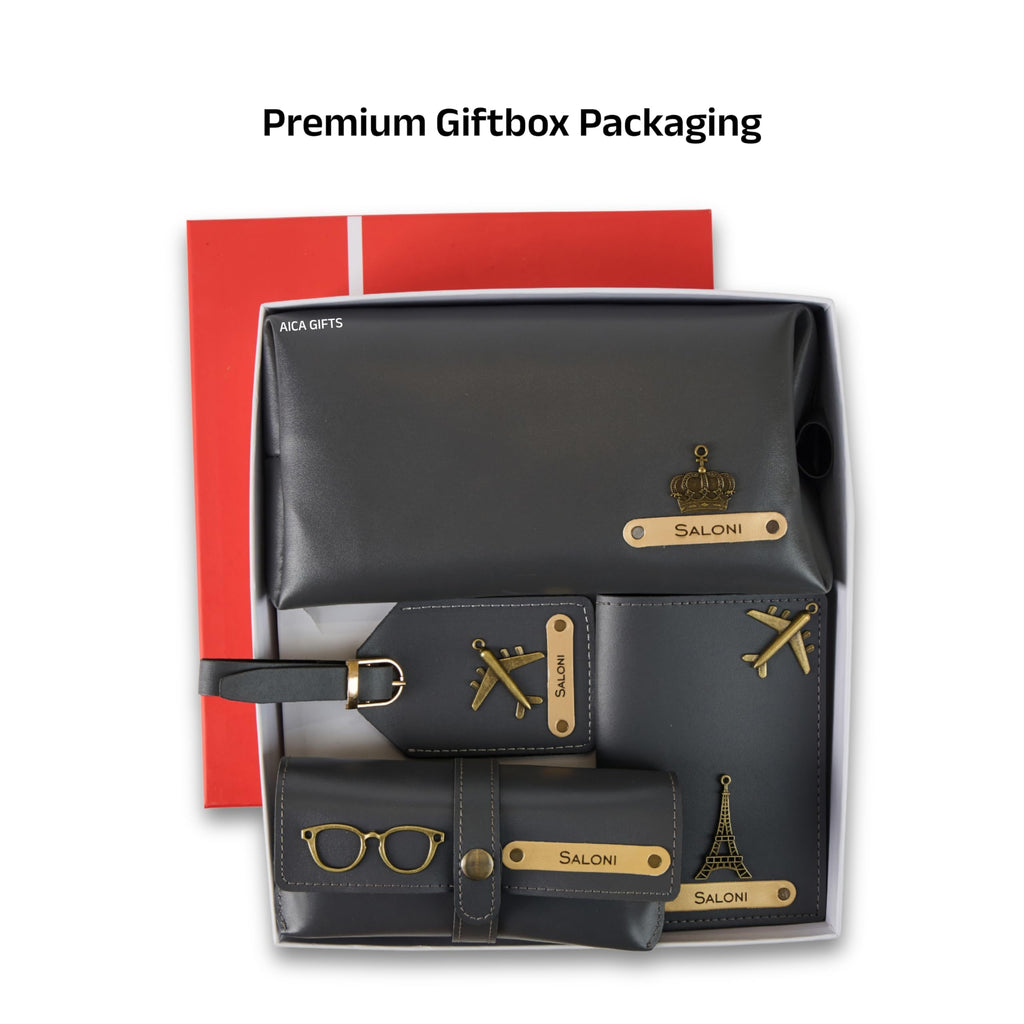 AICA Personalized Name & Charm Leather Travel 4pcs Gift Set Combo for Men & Women | Customized Travel Accessories Hamper | Gifts for Family and Friends | Gift for Girls & Boys (Grey)