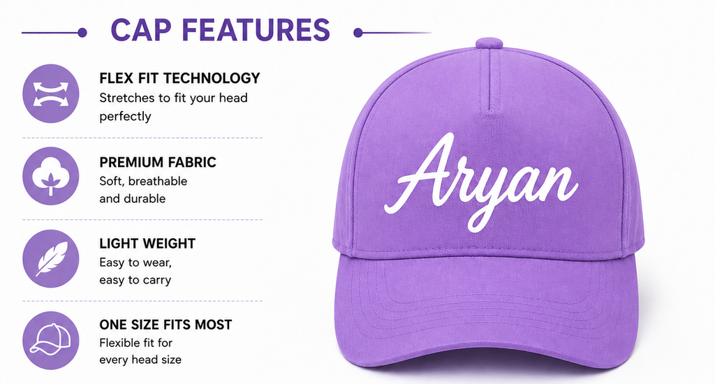 AICA Personalised Name Flex Cap for Kids | Free Size | Gifts for Kids (Lavender)