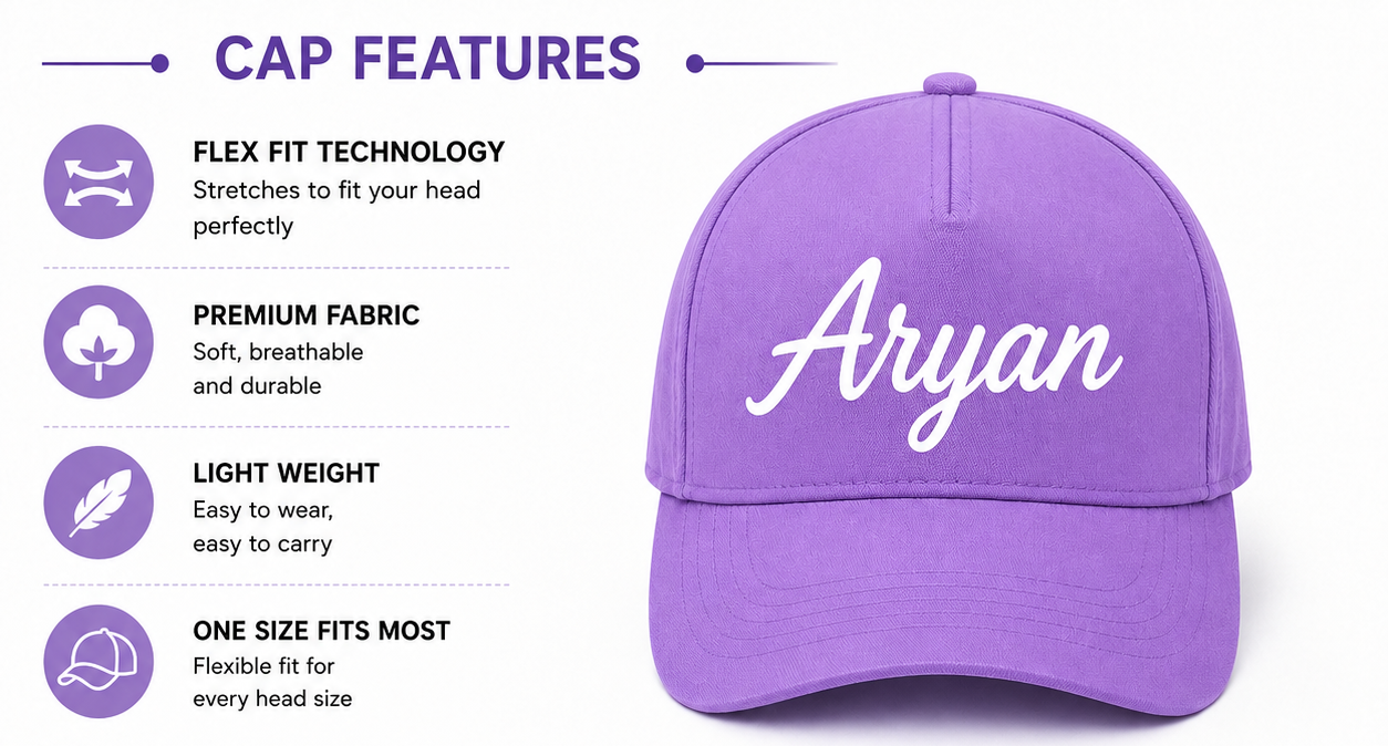 AICA Personalised Name Flex Cap for Kids | Free Size | Gifts for Kids (Lavender)