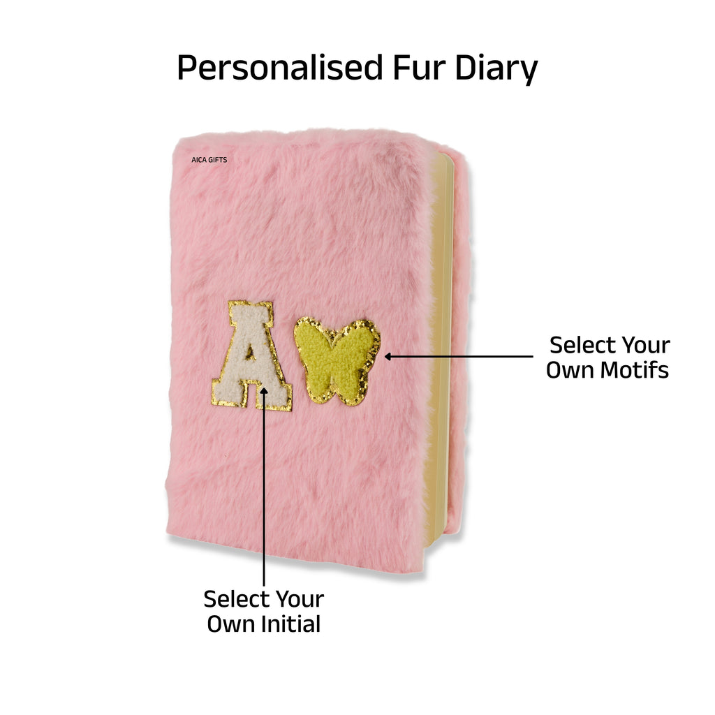 AICA Personalized Embroidery Patch Name Soft Fur Diary A5 Size 160 Pages (Pink) For Girls & Boys | Customized Cute Plush Personal Journal | Diary for Girls Aesthetic | Diary for Kids | Gifts for Girls