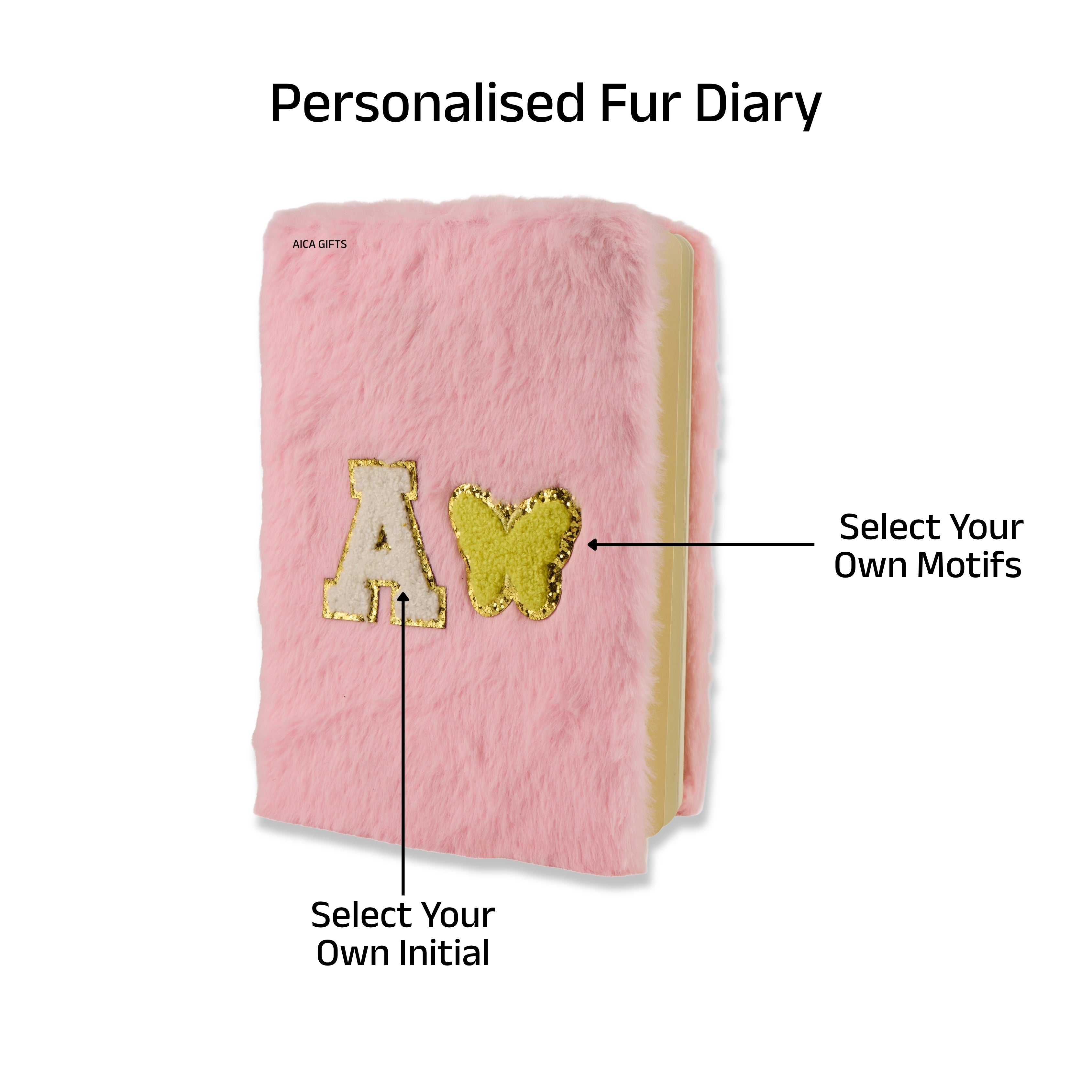 AICA Personalized Embroidery Patch Name Soft Fur Diary A5 Size 160 Pages (Pink) For Girls & Boys | Customized Cute Plush Personal Journal | Diary for Girls Aesthetic | Diary for Kids | Gifts for Girls