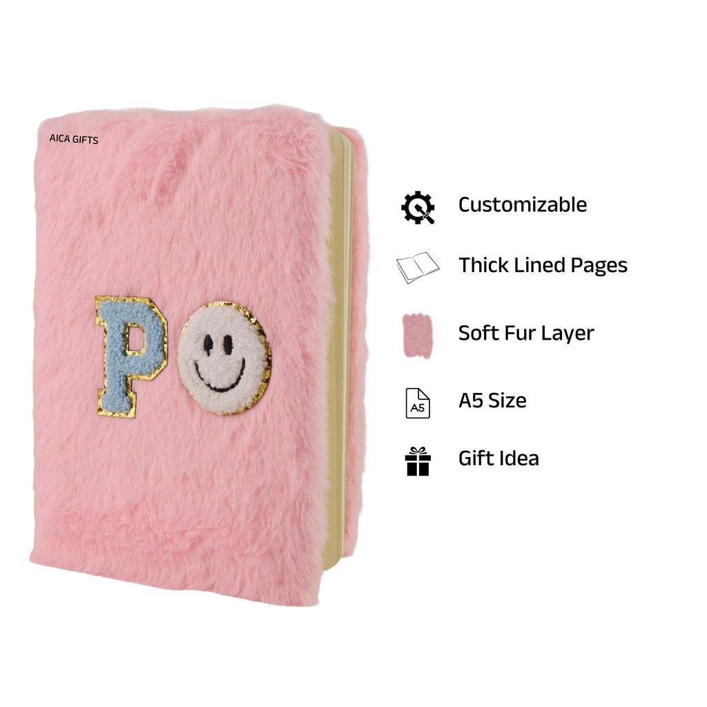 AICA Personalized Embroidery Patch Name Soft Fur Diary A5 Size 160 Pages (Pink) For Girls & Boys | Customized Cute Plush Personal Journal | Diary for Girls Aesthetic | Diary for Kids | Gifts for Girls
