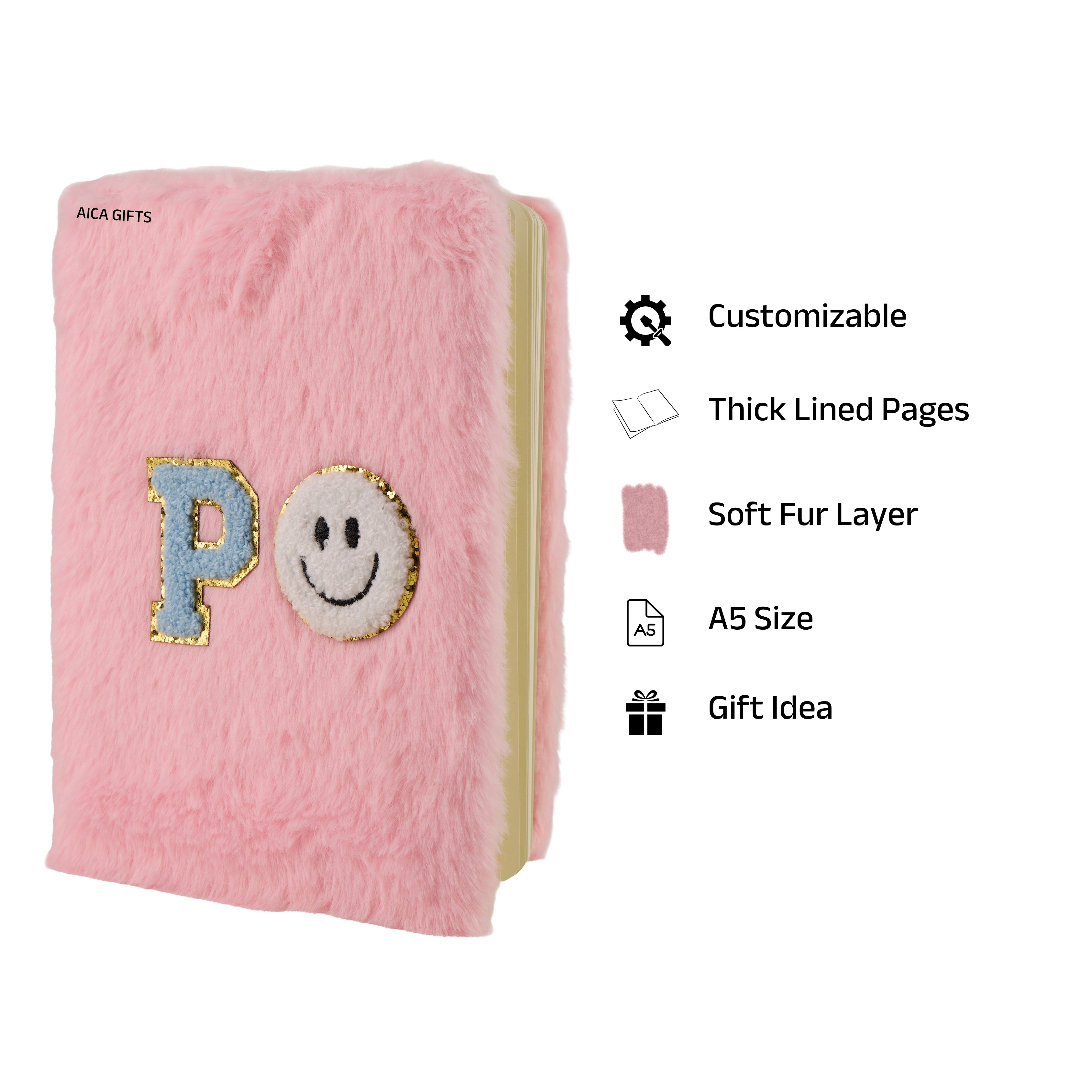 AICA Personalized Embroidery Patch Name Soft Fur Diary A5 Size 160 Pages (Pink) For Girls & Boys | Customized Cute Plush Personal Journal | Diary for Girls Aesthetic | Diary for Kids | Gifts for Girls