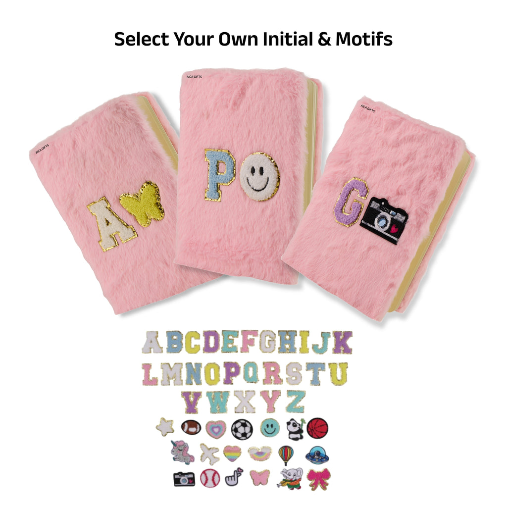 AICA Personalized Embroidery Patch Name Soft Fur Diary A5 Size 160 Pages (Pink) For Girls & Boys | Customized Cute Plush Personal Journal | Diary for Girls Aesthetic | Diary for Kids | Gifts for Girls