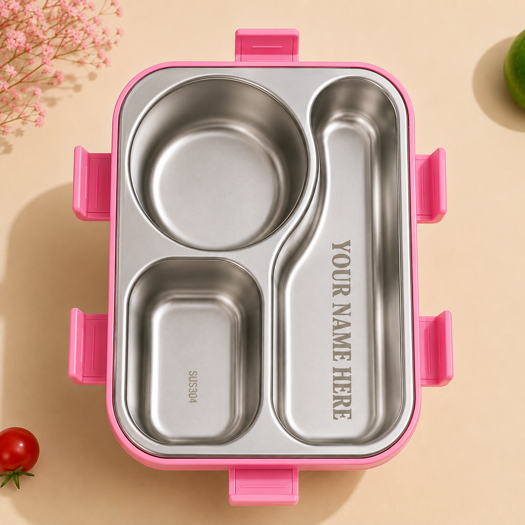 AICA Personalized Name Engraved 650 ML Stainless Steel Lunch Box for Kids | BPA Free | 3 Compartment Leakproof | Hidden Spoon Storage | Keeps Food Warm & Separate | Lunch Box for Boy & Girl (Pink)