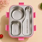 AICA Personalized Name Engraved 650 ML Stainless Steel Lunch Box for Kids | BPA Free | 3 Compartment Leakproof | Hidden Spoon Storage | Keeps Food Warm & Separate | Lunch Box for Boy & Girl (Pink)