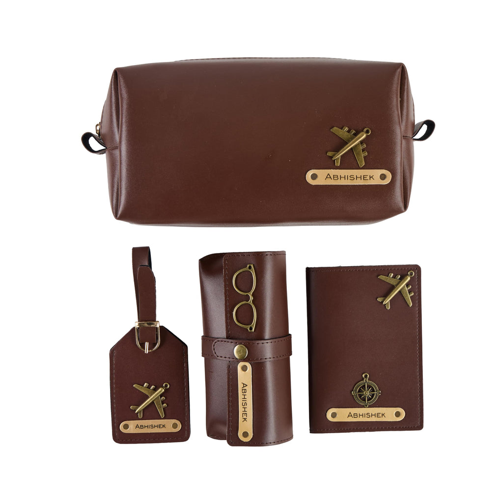 AICA Personalized Name & Charm Leather Travel 4pcs Gift Set Combo for Men & Women | Customized Travel Accessories Hamper | Gifts for Family and Friends | Gift for Girls & Boys (DarkBrown)