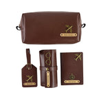 AICA Personalized Name & Charm Leather Travel 4pcs Gift Set Combo for Men & Women | Customized Travel Accessories Hamper | Gifts for Family and Friends | Gift for Girls & Boys (DarkBrown)