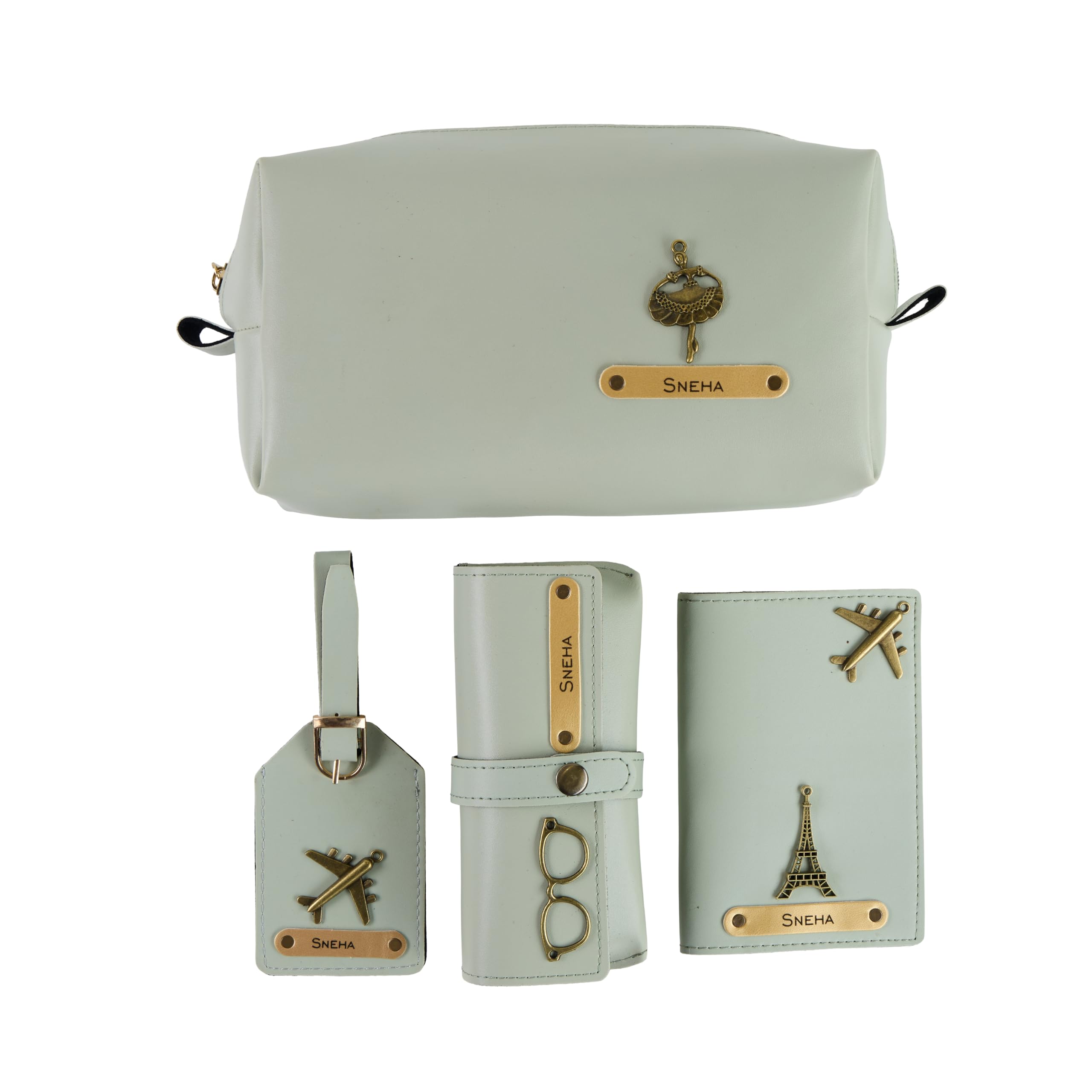 AICA Personalized Name & Charm Leather Travel 4pcs Gift Set Combo for Men & Women | Customized Travel Accessories Hamper | Gifts for Family and Friends | Gift for Girls & Boys (Mintgreen)