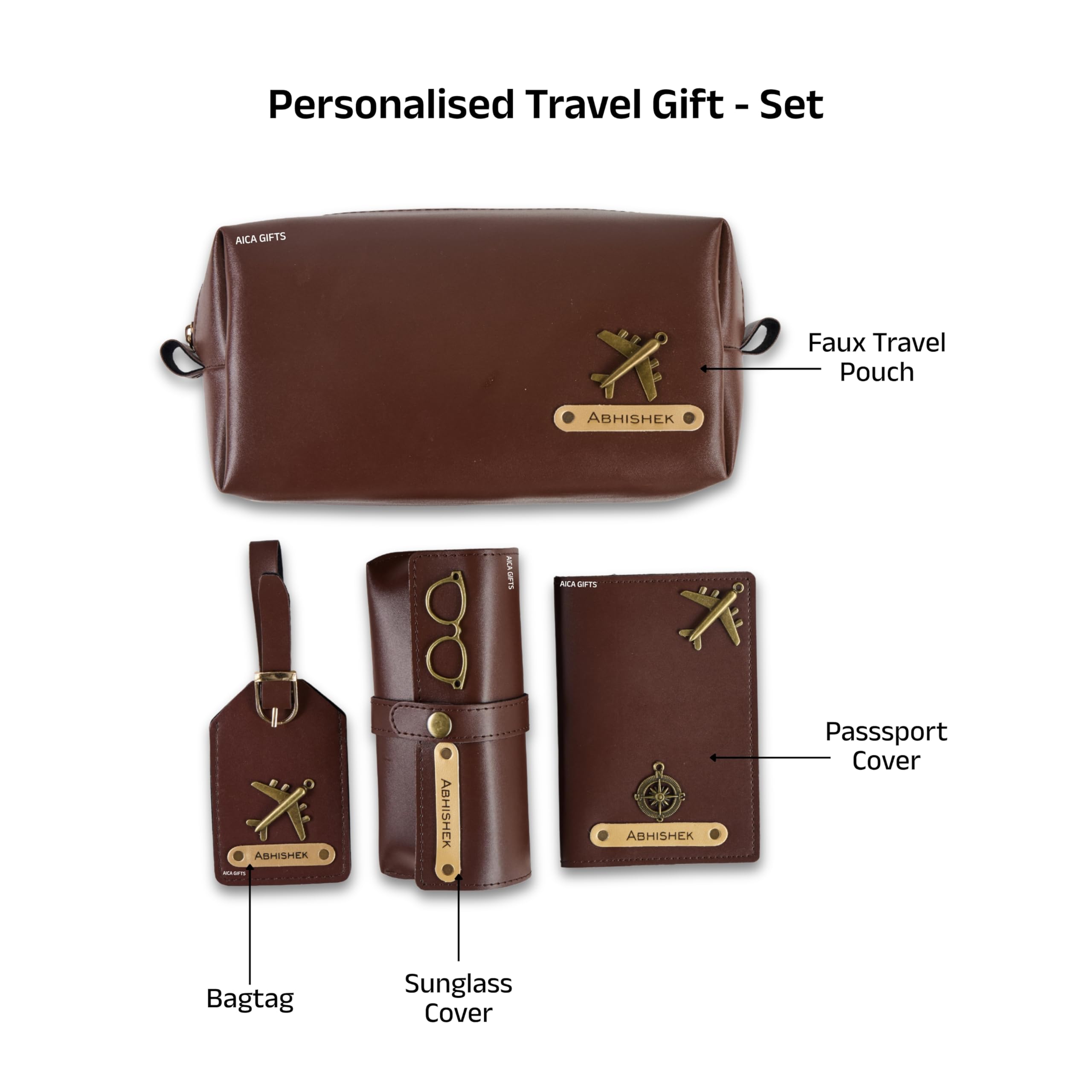 AICA Personalized Name & Charm Leather Travel 4pcs Gift Set Combo for Men & Women | Customized Travel Accessories Hamper | Gifts for Family and Friends | Gift for Girls & Boys (DarkBrown)