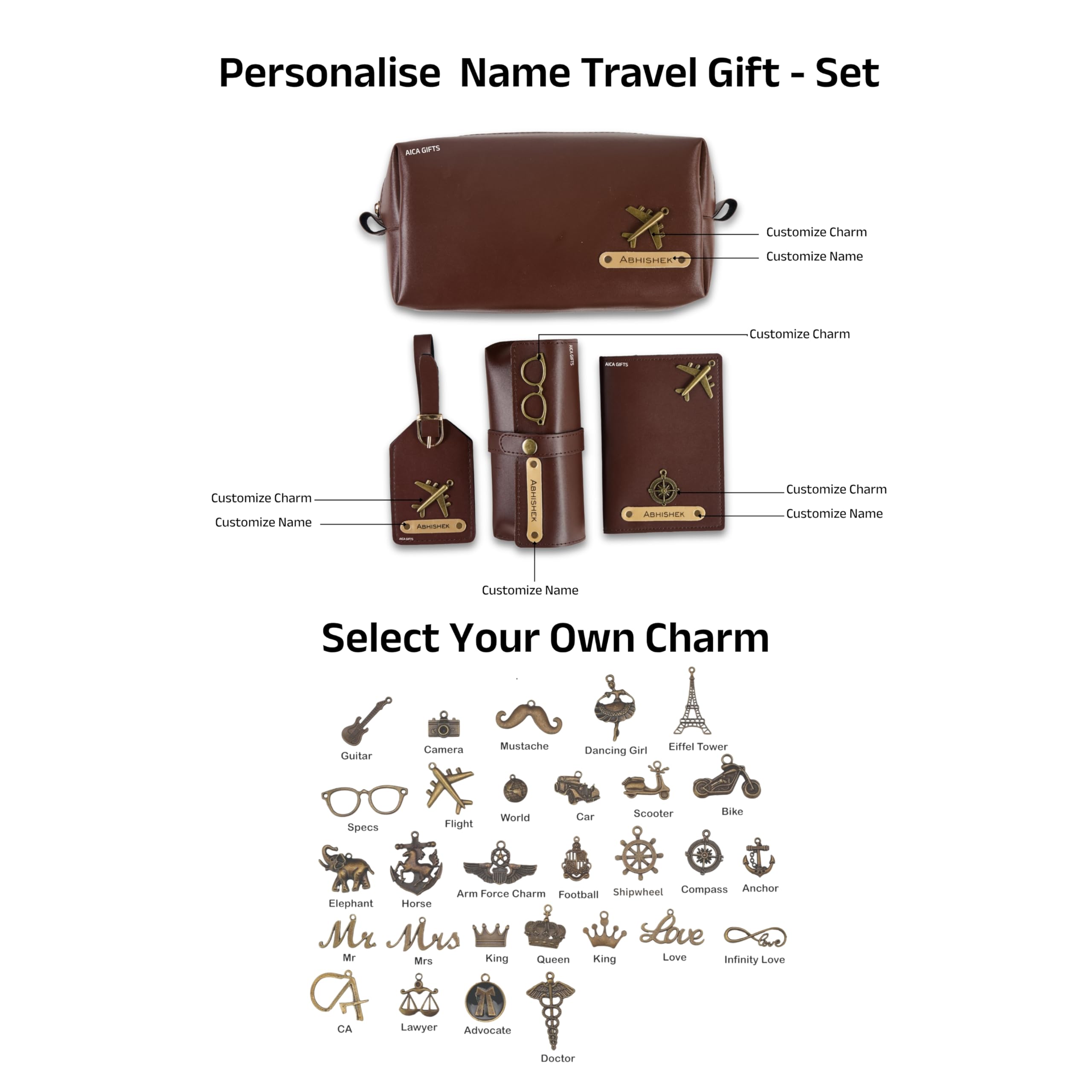 AICA Personalized Name & Charm Leather Travel 4pcs Gift Set Combo for Men & Women | Customized Travel Accessories Hamper | Gifts for Family and Friends | Gift for Girls & Boys (DarkBrown)