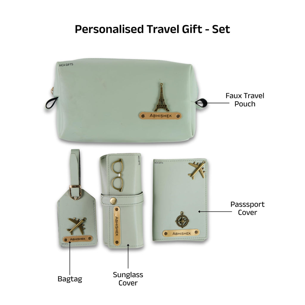 AICA Personalized Name & Charm Leather Travel 4pcs Gift Set Combo for Men & Women | Customized Travel Accessories Hamper | Gifts for Family and Friends | Gift for Girls & Boys (Mintgreen)
