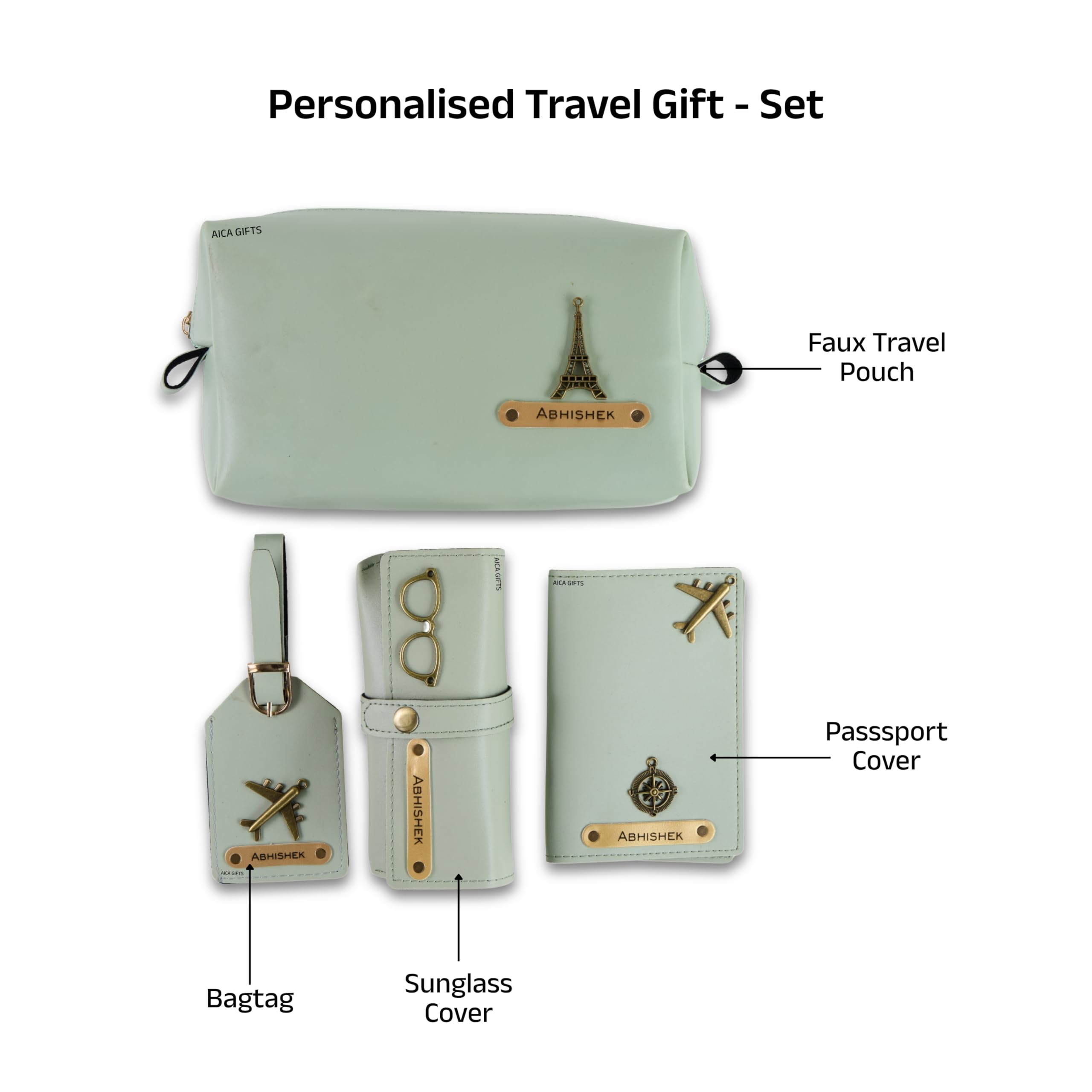 AICA Personalized Name & Charm Leather Travel 4pcs Gift Set Combo for Men & Women | Customized Travel Accessories Hamper | Gifts for Family and Friends | Gift for Girls & Boys (Mintgreen)