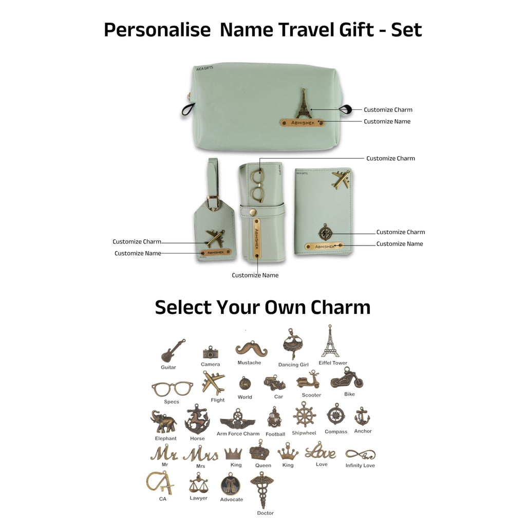 AICA Personalized Name & Charm Leather Travel 4pcs Gift Set Combo for Men & Women | Customized Travel Accessories Hamper | Gifts for Family and Friends | Gift for Girls & Boys (Mintgreen)