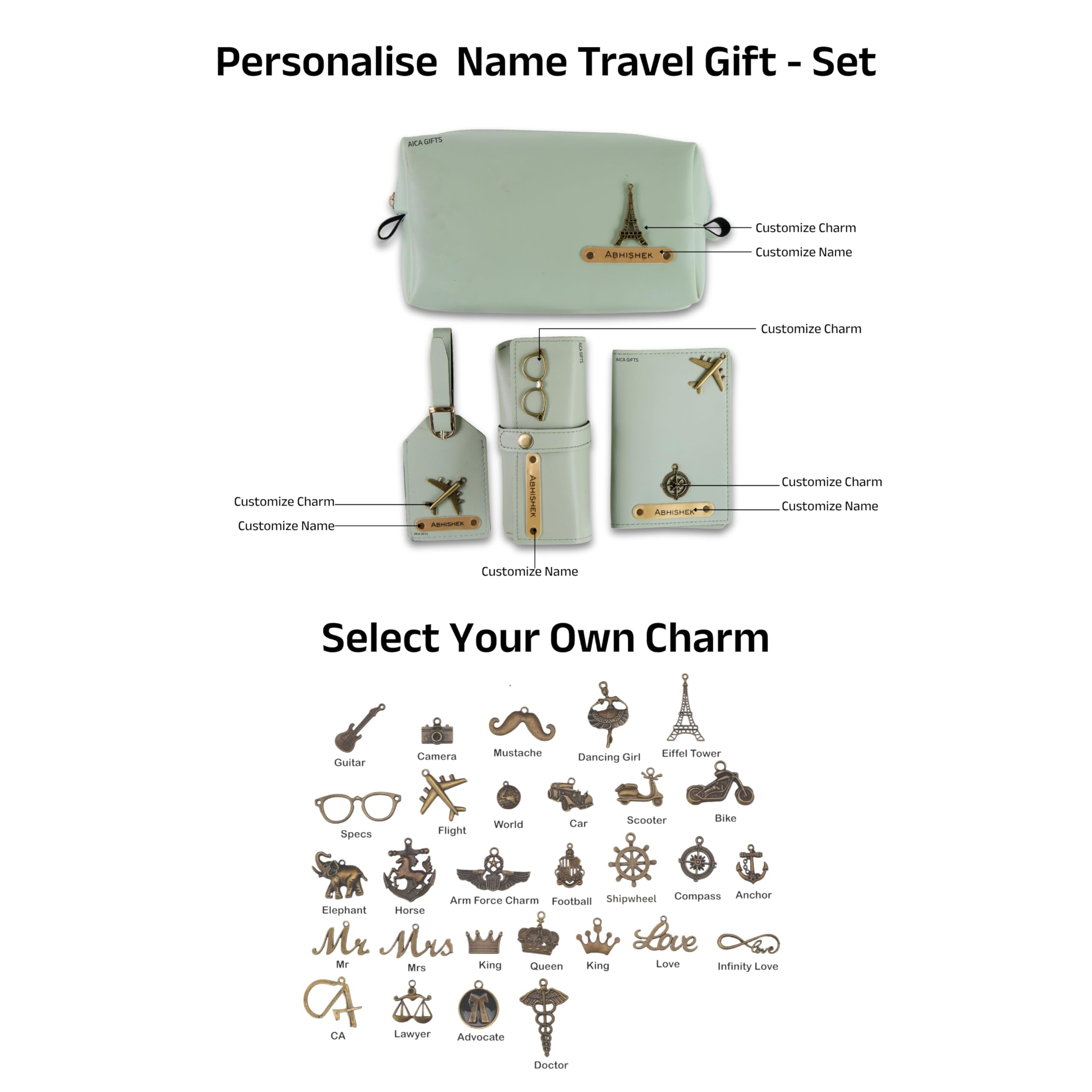 AICA Personalized Name & Charm Leather Travel 4pcs Gift Set Combo for Men & Women | Customized Travel Accessories Hamper | Gifts for Family and Friends | Gift for Girls & Boys (Mintgreen)