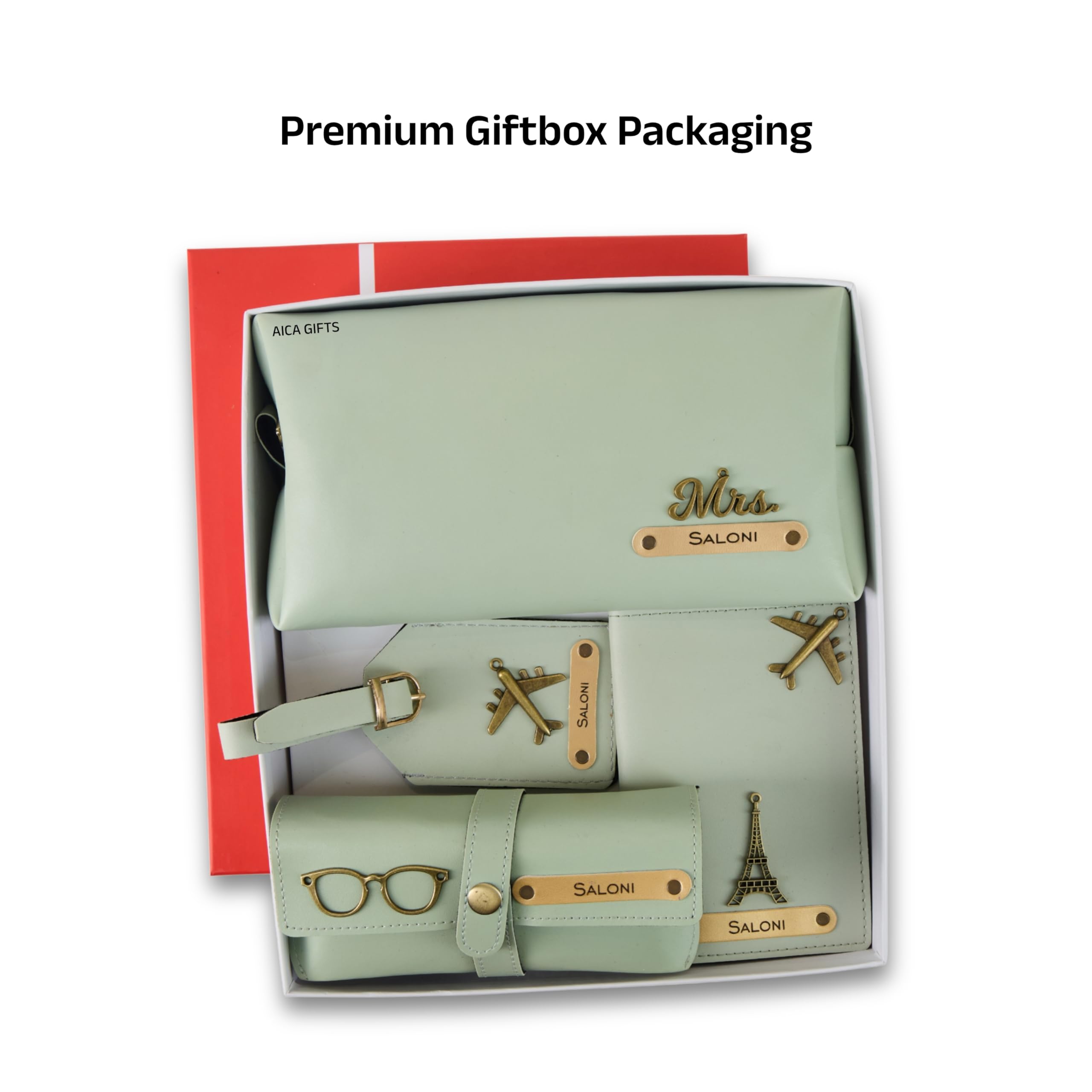 AICA Personalized Name & Charm Leather Travel 4pcs Gift Set Combo for Men & Women | Customized Travel Accessories Hamper | Gifts for Family and Friends | Gift for Girls & Boys (Mintgreen)