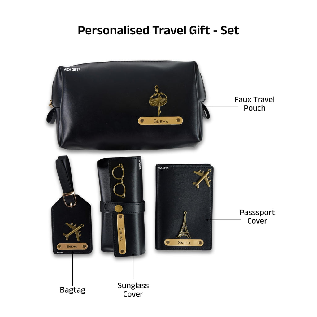 AICA Personalized Name & Charm Leather Travel 4pcs Gift Set Combo for Men & Women | Customized Travel Accessories Hamper | Gifts for Family and Friends | Gift for Girls & Boys (Black)