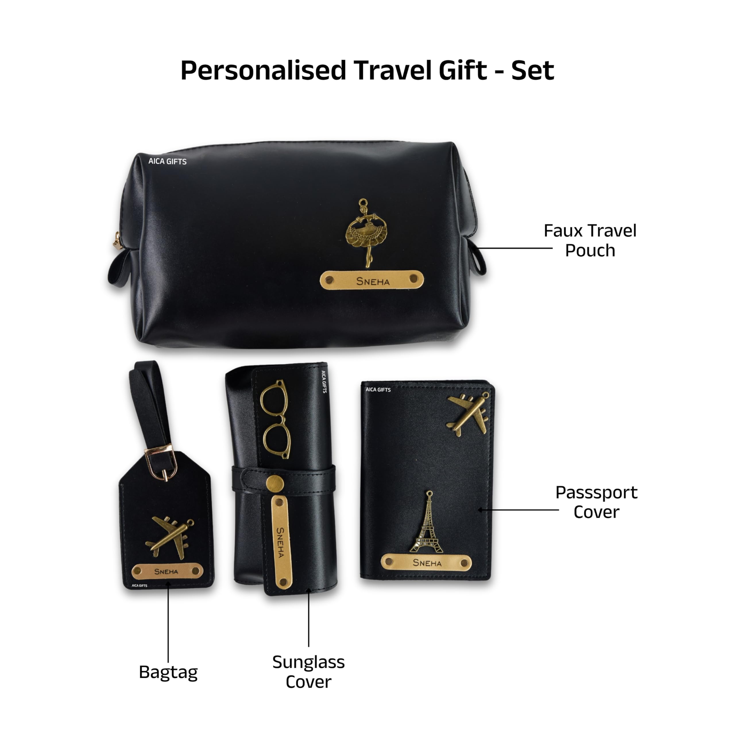AICA Personalized Name & Charm Leather Travel 4pcs Gift Set Combo for Men & Women | Customized Travel Accessories Hamper | Gifts for Family and Friends | Gift for Girls & Boys (Black)