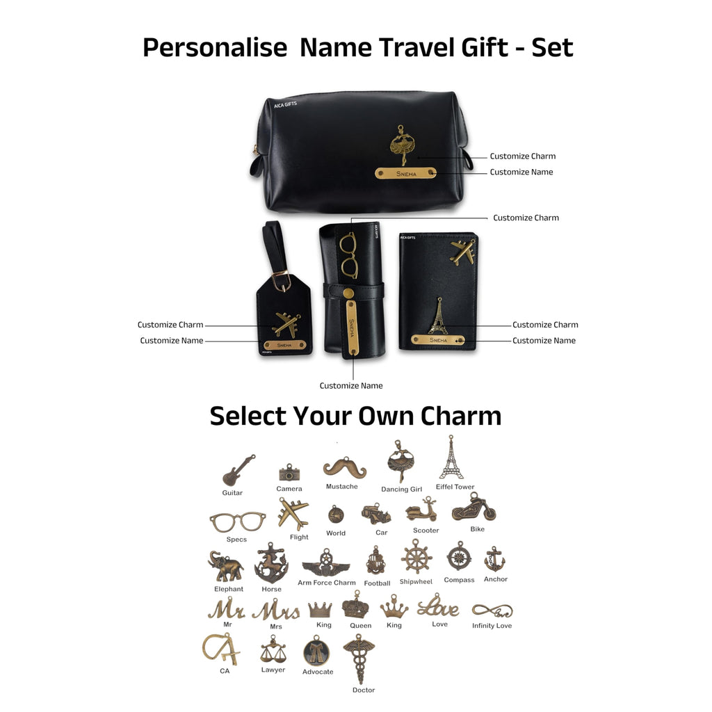 AICA Personalized Name & Charm Leather Travel 4pcs Gift Set Combo for Men & Women | Customized Travel Accessories Hamper | Gifts for Family and Friends | Gift for Girls & Boys (Black)