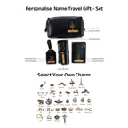 AICA Personalized Name & Charm Leather Travel 4pcs Gift Set Combo for Men & Women | Customized Travel Accessories Hamper | Gifts for Family and Friends | Gift for Girls & Boys (Black)