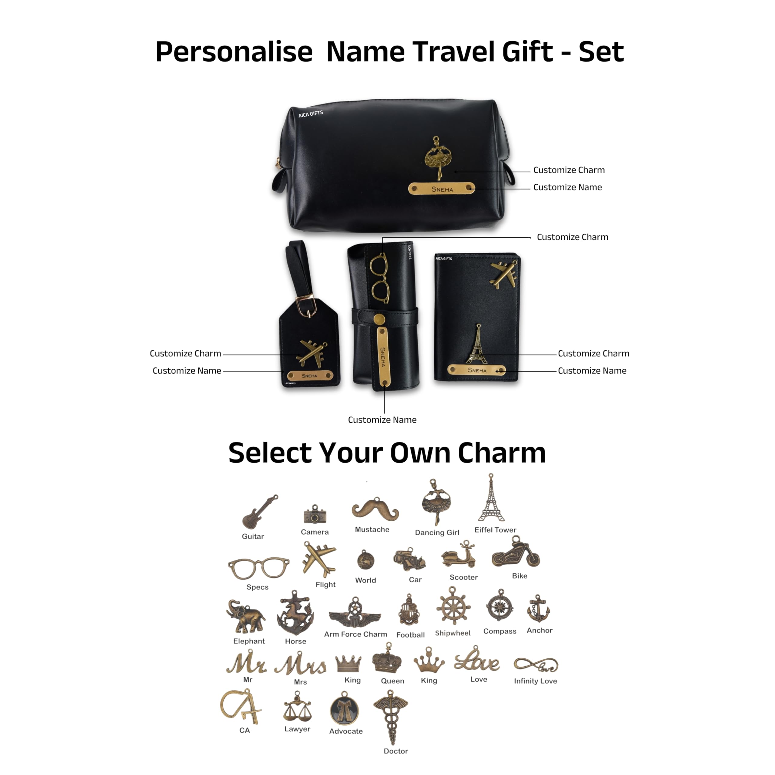 AICA Personalized Name & Charm Leather Travel 4pcs Gift Set Combo for Men & Women | Customized Travel Accessories Hamper | Gifts for Family and Friends | Gift for Girls & Boys (Black)