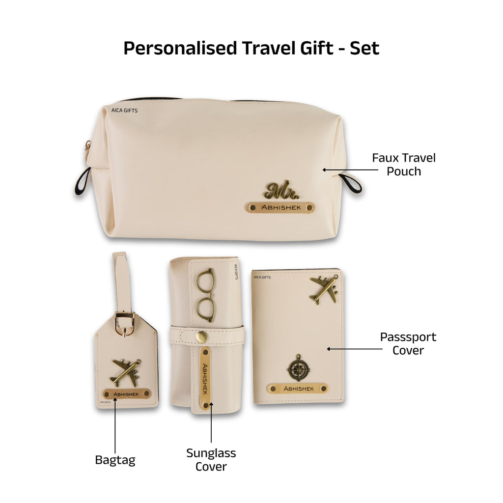 AICA Personalized Name & Charm Leather Travel 4pcs Gift Set Combo for Men & Women | Customized Travel Accessories Hamper | Gifts for Family and Friends | Gift for Girls & Boys (Cream)