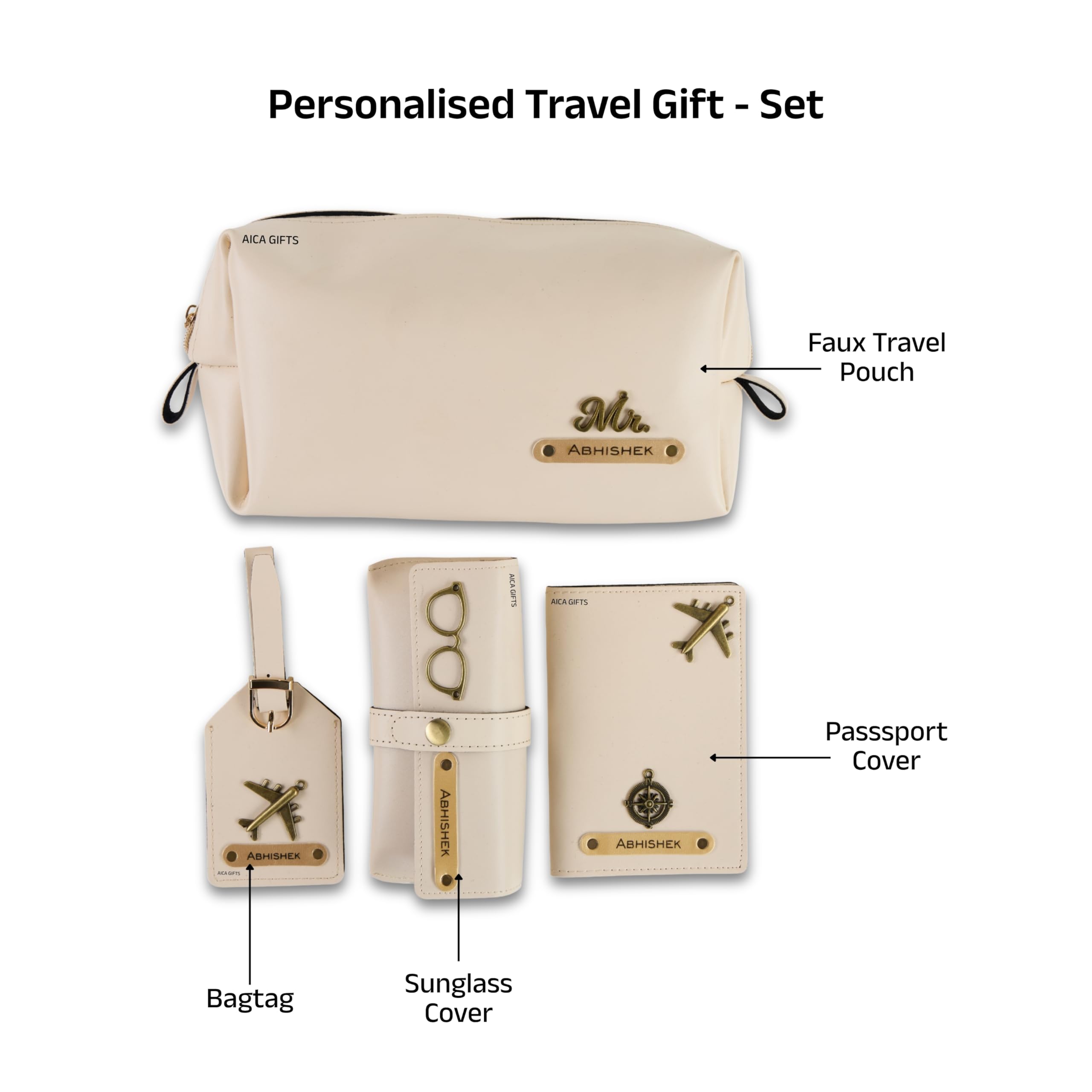 AICA Personalized Name & Charm Leather Travel 4pcs Gift Set Combo for Men & Women | Customized Travel Accessories Hamper | Gifts for Family and Friends | Gift for Girls & Boys (Cream)