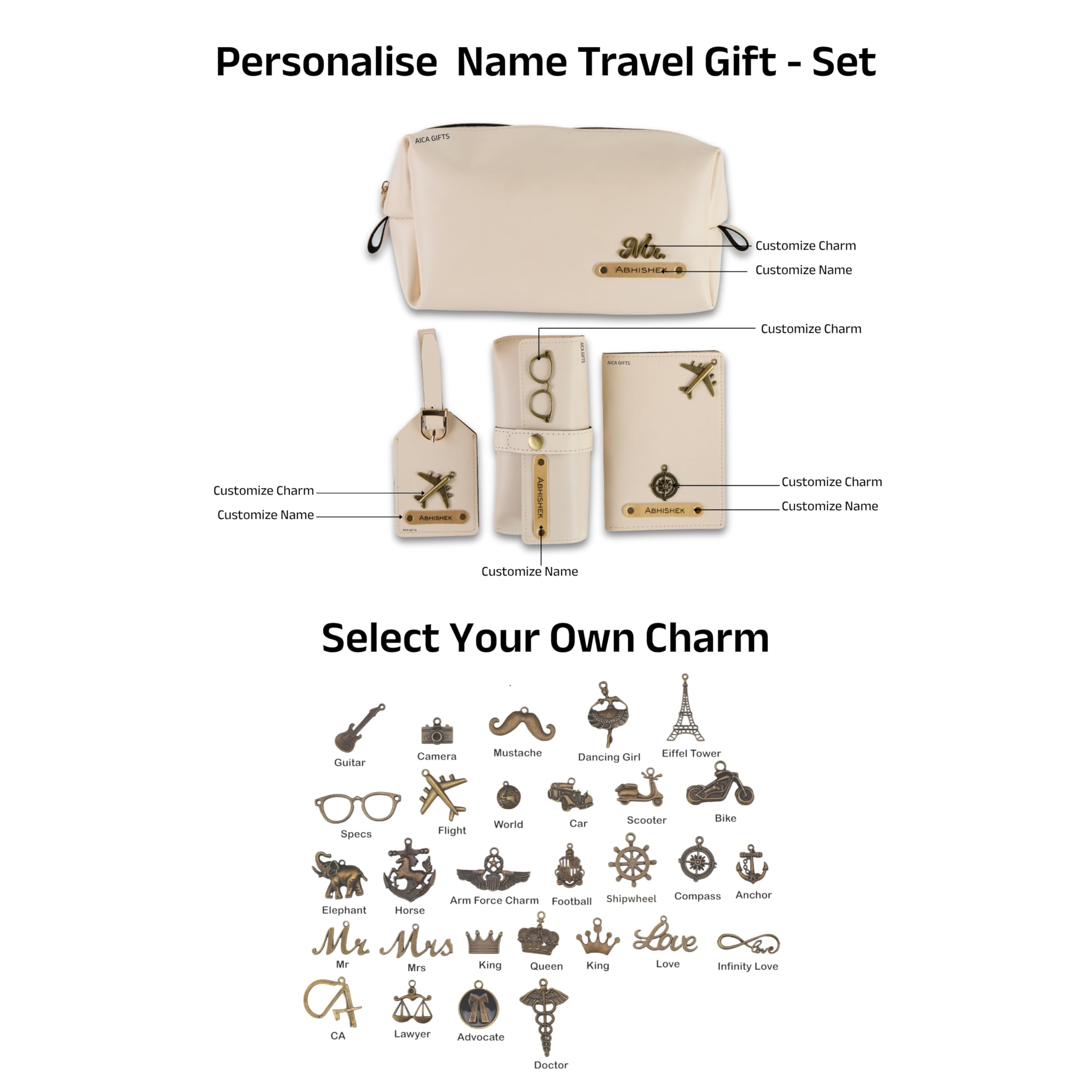 AICA Personalized Name & Charm Leather Travel 4pcs Gift Set Combo for Men & Women | Customized Travel Accessories Hamper | Gifts for Family and Friends | Gift for Girls & Boys (Cream)