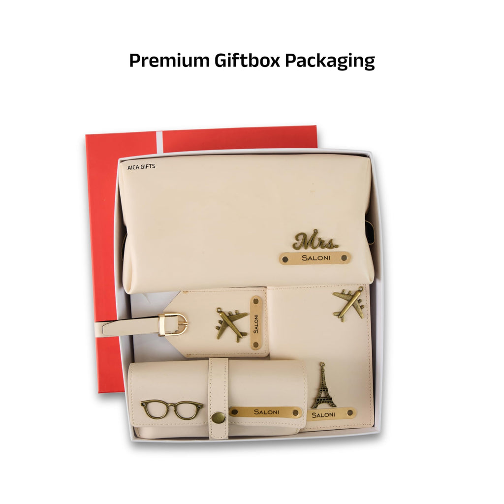 AICA Personalized Name & Charm Leather Travel 4pcs Gift Set Combo for Men & Women | Customized Travel Accessories Hamper | Gifts for Family and Friends | Gift for Girls & Boys (Cream)