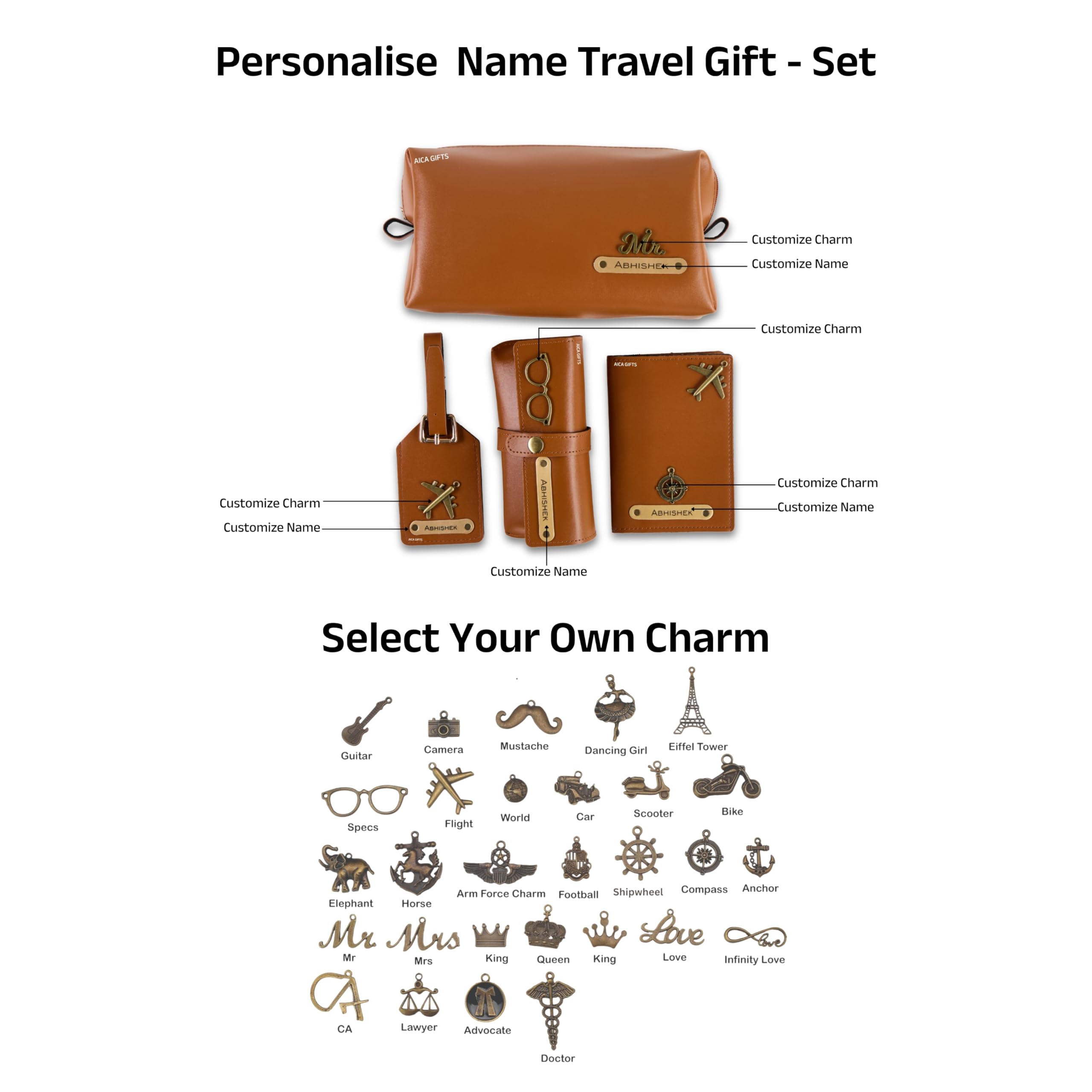 AICA Personalized Name & Charm Leather Travel 4pcs Gift Set Combo for Men & Women | Customized Travel Accessories Hamper | Gifts for Family and Friends | Gift for Girls & Boys (Tanbrown)