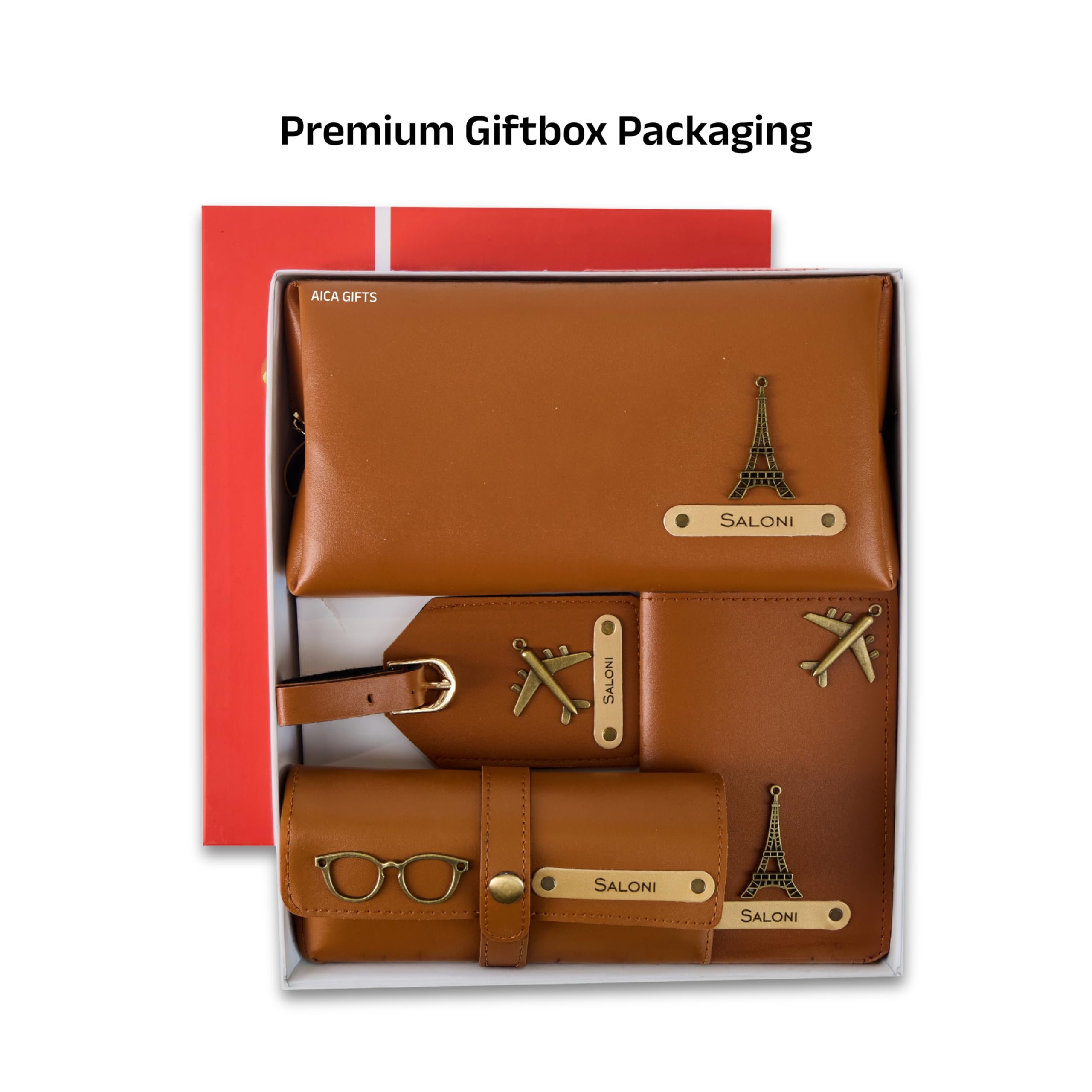 AICA Personalized Name & Charm Leather Travel 4pcs Gift Set Combo for Men & Women | Customized Travel Accessories Hamper | Gifts for Family and Friends | Gift for Girls & Boys (Tanbrown)