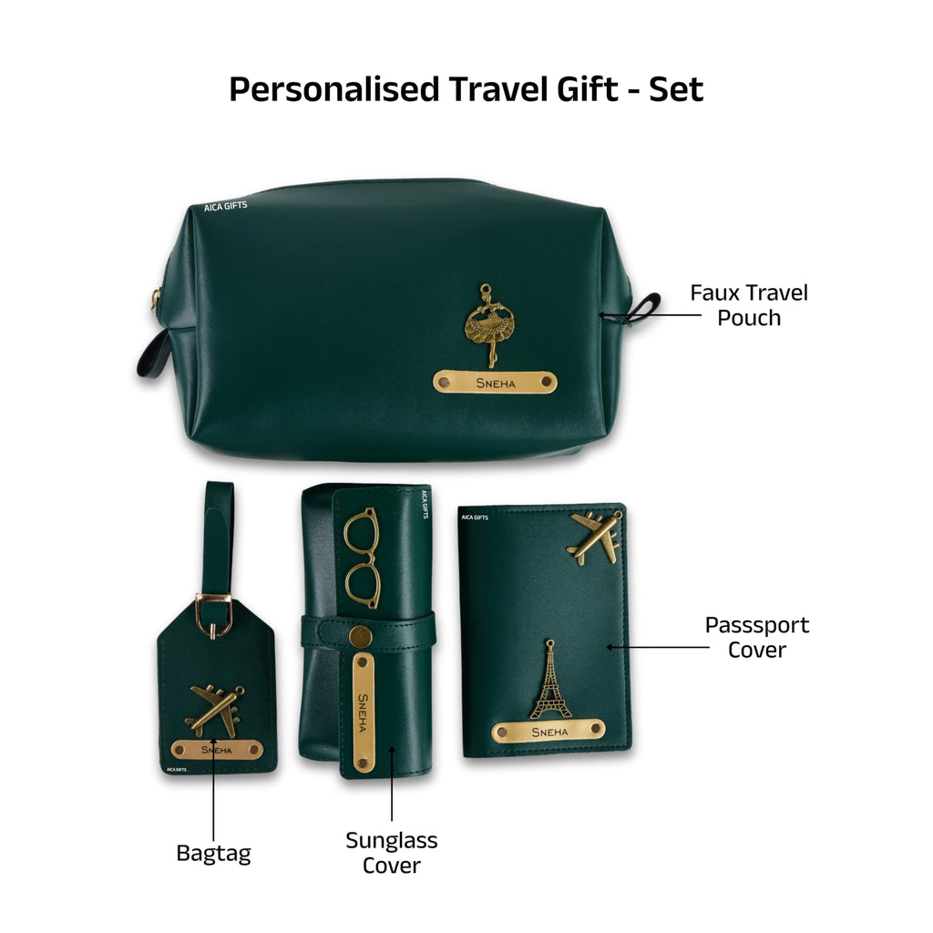 AICA Personalized Name & Charm Leather Travel 4pcs Gift Set Combo for Men & Women | Customized Travel Accessories Hamper | Gifts for Family and Friends | Gift for Girls & Boys (Darkgreen)