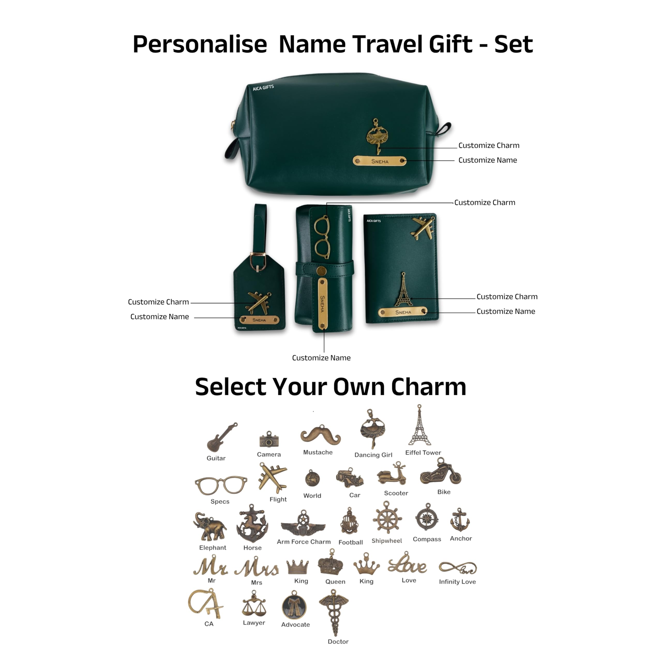 AICA Personalized Name & Charm Leather Travel 4pcs Gift Set Combo for Men & Women | Customized Travel Accessories Hamper | Gifts for Family and Friends | Gift for Girls & Boys (Darkgreen)