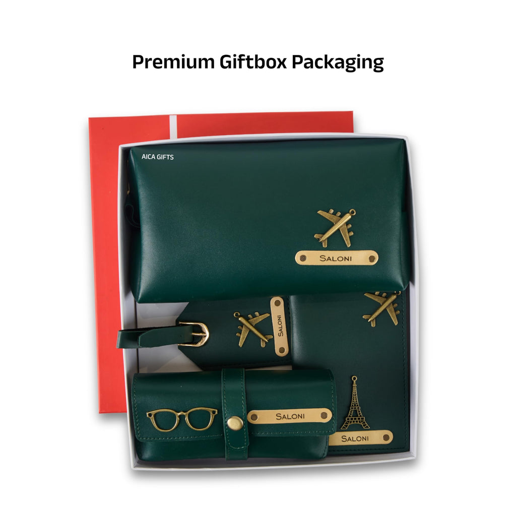 AICA Personalized Name & Charm Leather Travel 4pcs Gift Set Combo for Men & Women | Customized Travel Accessories Hamper | Gifts for Family and Friends | Gift for Girls & Boys (Darkgreen)