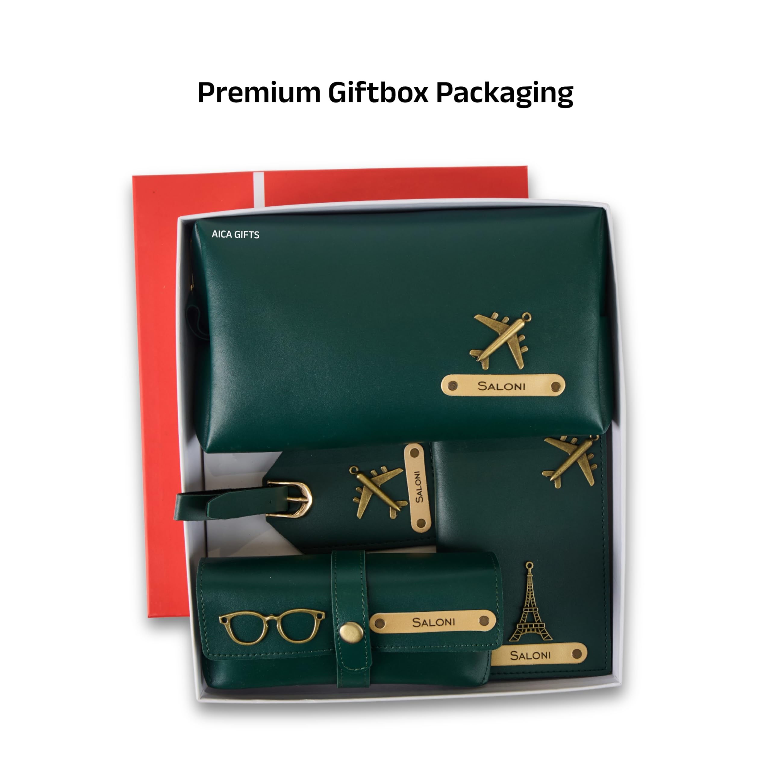 AICA Personalized Name & Charm Leather Travel 4pcs Gift Set Combo for Men & Women | Customized Travel Accessories Hamper | Gifts for Family and Friends | Gift for Girls & Boys (Darkgreen)