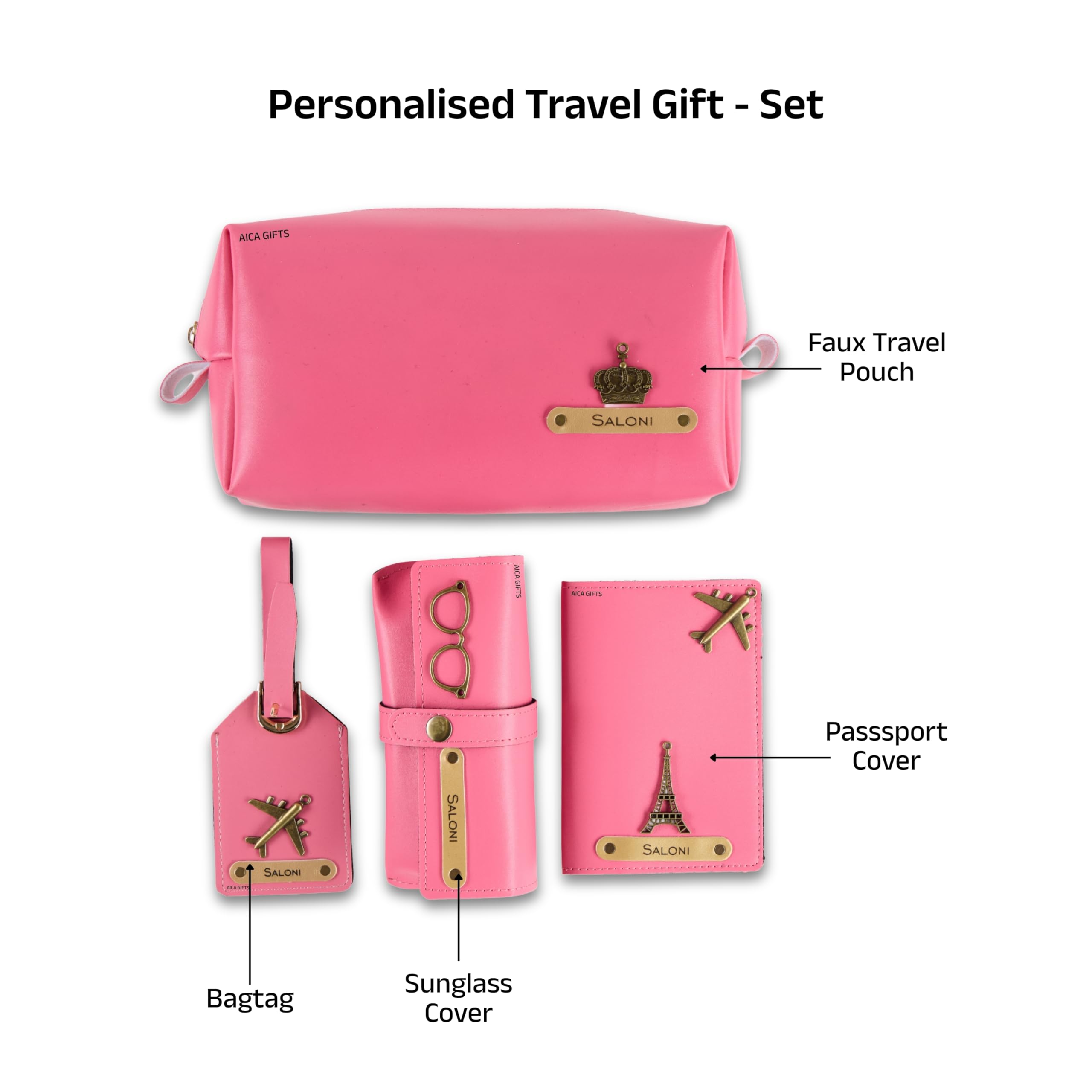 AICA Personalized Name & Charm Leather Travel 4pcs Gift Set Combo for Men & Women | Customized Travel Accessories Hamper | Gifts for Family and Friends | Gift for Girls & Boys (Darkpink)